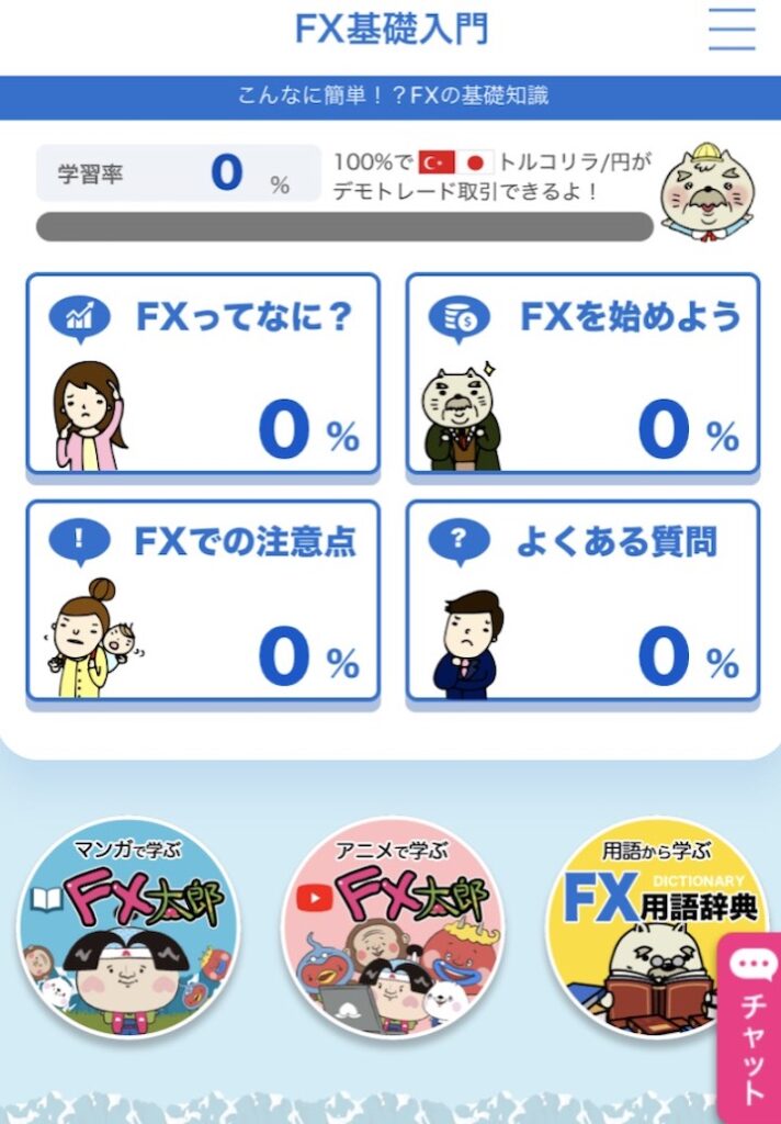 FXの基礎をマンガやアニメ、用語辞典で学べるアプリ画面