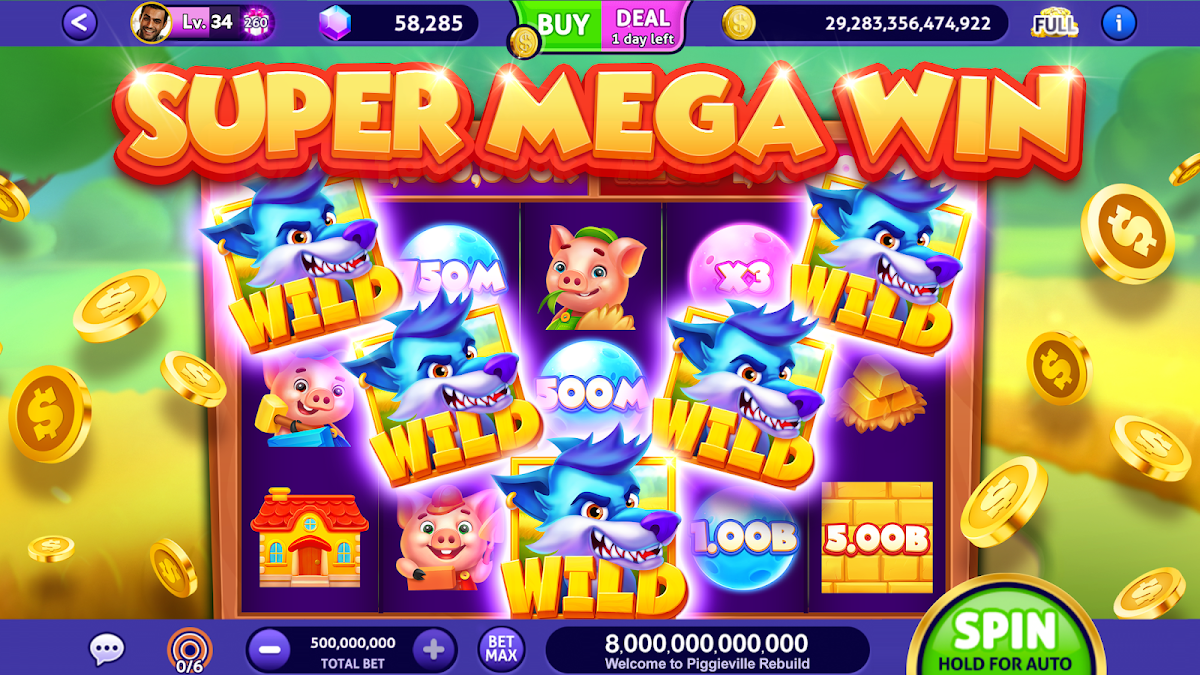 Club VegasのFairytale Rebuildに登場するブタとオオカミのスロット画面