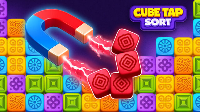 Cube Tap Sortのカラフルなブロックとゲームロゴ