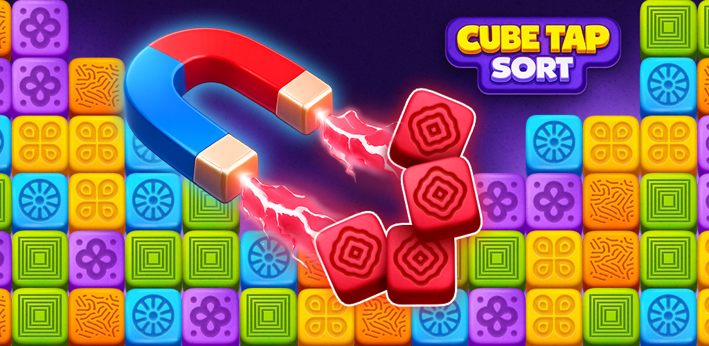 Cube Tap Sortのカラフルなブロックとゲームロゴ