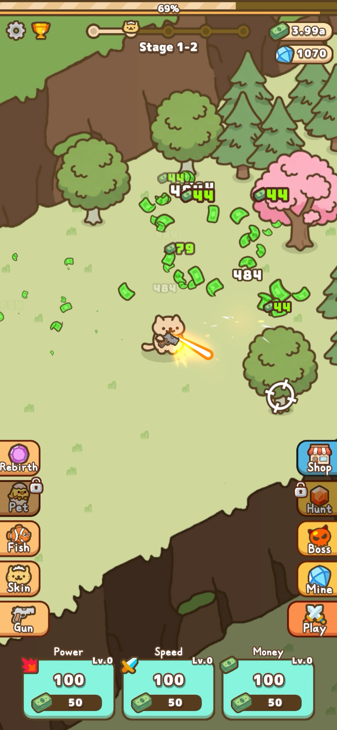 にゃんこが木を壊しながら進むにゃんこ銃士の公式ゲーム画面